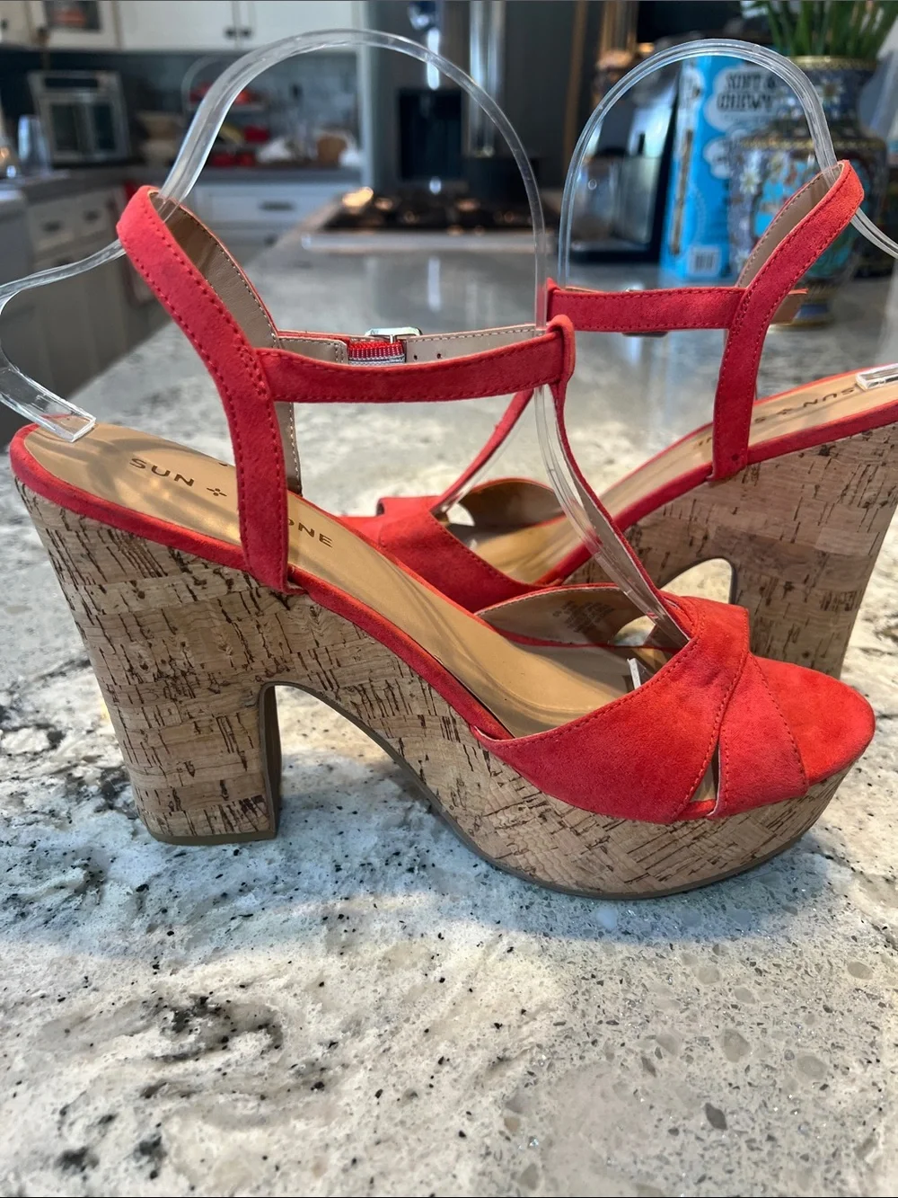 SUN + STONE Jamie T-Strap Platform Sandals Red Coral Cork Block Heel Size 9.5